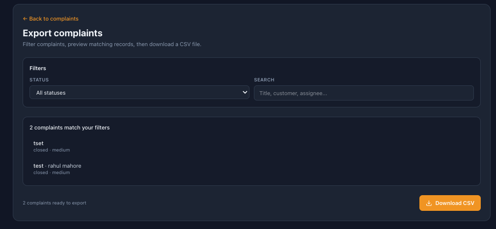 Filter and export complaints to CSV