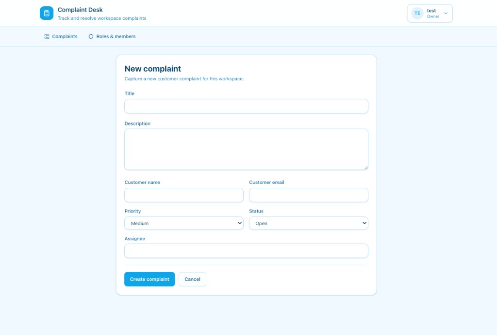 Create a new complaint with priority and assignee
